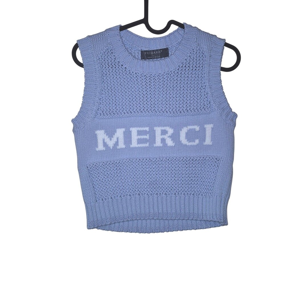 Primark Womens Cotton Blend Merci Baby Blue Crop Sweater Vest Top SIZE Large